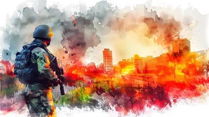Soldier in tactical gear surveys smoky cityscape in watercolor, evoking urgency and preparedness - obrazy, fototapety, plakaty
