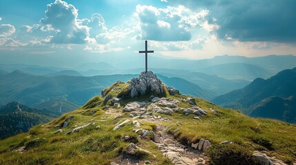 Fototapeta na wymiar Resurrection symbol on mountain top
