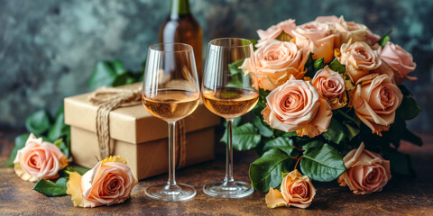 Obraz na płótnie Canvas Sparkling rose wine glasses set amidst pink roses and warm lights, capturing the essence of a romantic celebration