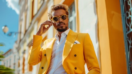 Groom wearing yellow suit and wristwatch