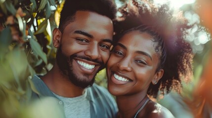 Portrait of a couple smiling in nature for outdoor activities and relaxation in the park