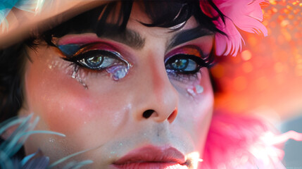 Retrato close-up drag queen vestida de cowboy, moda kitsch camp hombre maquillado with color full hairs and eyes  - obrazy, fototapety, plakaty