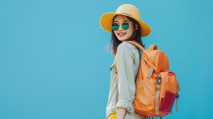 Smiling Young Asian Woman Tourist with Beach Hat, Sunglasses, Backpack on Blue Background