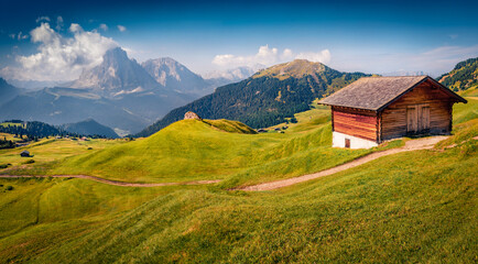 Sunny summer view of Sassolungo (Langkofel) mountain range in Dolomites National Park, South Tyrol, Italy, Europe. Wonderful morning scene of Gardena valley. Travel the world.. - 786869526