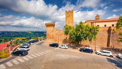 Colorful summer view of historical place -Torri Montanare. Spectacular morning cityscape of...