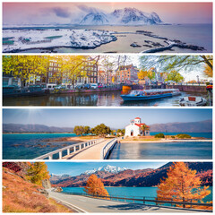 Set of beautiful panoramic views of the four seasons. Дandscapes of high snowy mountains, Datch...