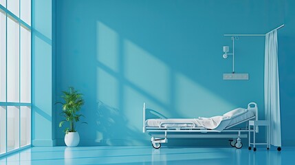 Create a 3D rendering of a hospital isolation room with a side view, showcasing a serene blue background