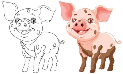 Vector transition from sketch to colored pig