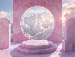 Pink podium against dreamy sky backdrop