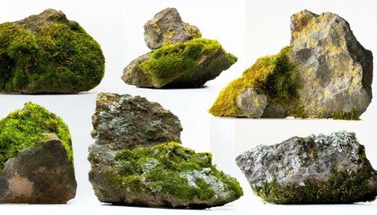 Set of moss-covered rocks cut out White background.