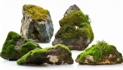 Set of moss-covered rocks cut out White background.