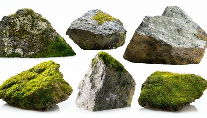 Set of moss-covered rocks cut out White background.