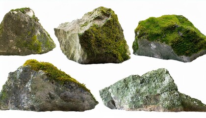 Set of moss-covered rocks cut out White background.