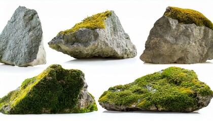 Set of moss-covered rocks cut out White background.