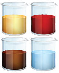Four beakers filled with different colored liquids