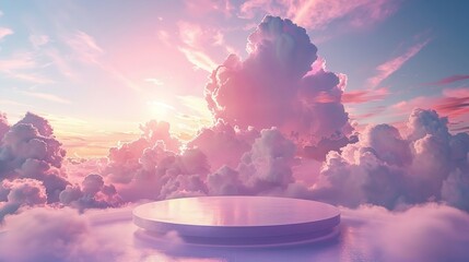Pastel podium with dreamlike sky ambiance