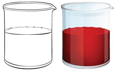 Empty and filled beaker vector illustration side by side.