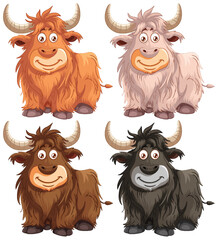 Four cheerful cartoon highland cattle illustrations.