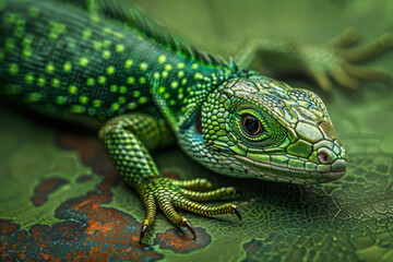 Obraz premium Intense Green Lizard Perching on a Textured Leaf in the Wild