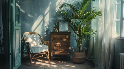 Fototapeta premium In the heart of a sunlit sanctuary, a living room unfolds with timeless elegance.