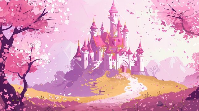Vector pink princess magic castle. 