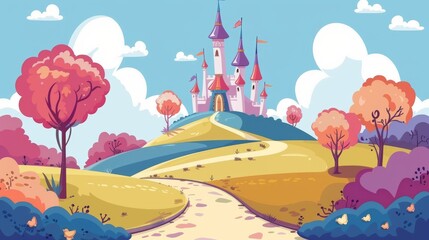 Fototapeta na wymiar A fairytale landscape unfolds as a winding road leads to a majestic princess castle in the distance, depicted in a captivating vector illustration.