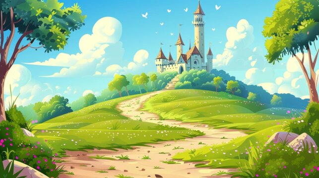 A fairytale landscape unfolds as a winding road leads to a majestic princess castle in the distance, depicted in a captivating vector illustration.