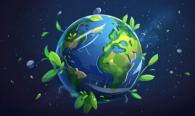 Fototapeta premium Earth globe illustration on with plants copy space banner ecological earth day hour safe butterfly flowers environmental problems on blue background