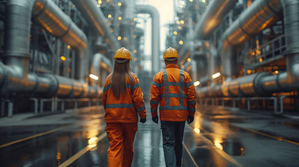 A group of three construction workers standing in front of an industrial construction site