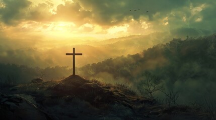 Jesus Christ's cross over hills