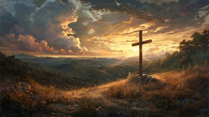 Jesus Christ's cross over hills - obrazy, fototapety, plakaty