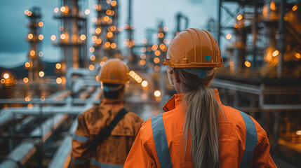 A group of three construction workers standing in front of an industrial construction site