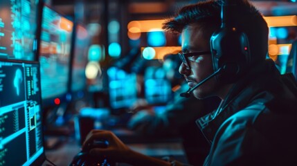 A malevolent hacker in a dark room wearing a headset and glasses while typing on a computer.