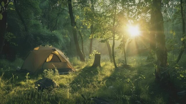 camping in the forest with lots of trees and grass . seamless looping time-lapse virtual video Animation Background.