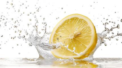 A cut lemon splits into two halves releasing a splash.  water splash with lemons. 