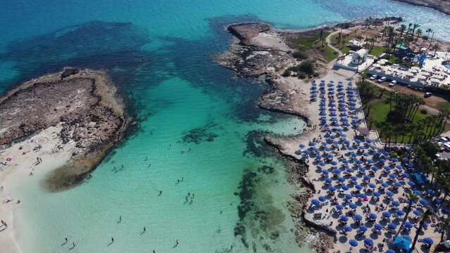 Aerial View Over Latchi Adams Beach with Turquoise Waters in Ayia Napa, Cyprus