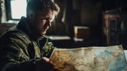 A military leader in a strategy session, planning operations in a conflict-ridden area, showcasing tactical acumen