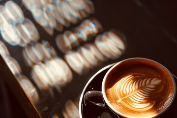 Dynamic taste of coffee in light and shadows latte espresso black coffee cup in dark vintage background 