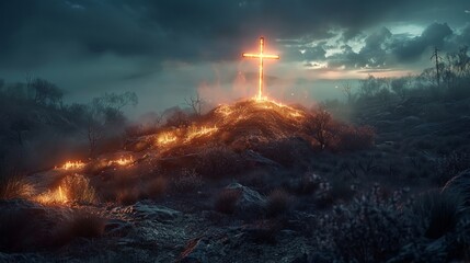 Golgotha hill with glowing cross