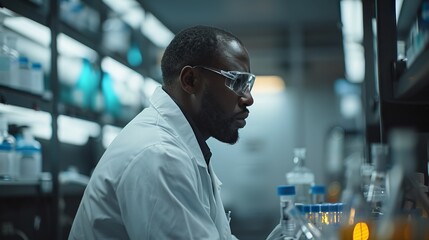 A scientist leading a team through breakthrough research in a high-tech lab, tackling global health crises