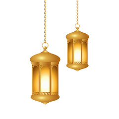 Vector illustration of golden Islamic lanterns on transparent background © NAVIN