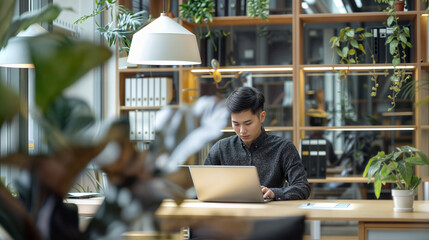 A young man works on a computer while sitting at a table in a modern bright office - obrazy, fototapety, plakaty