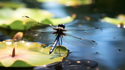 dragonfly resting on a leaf - obrazy, fototapety, plakaty