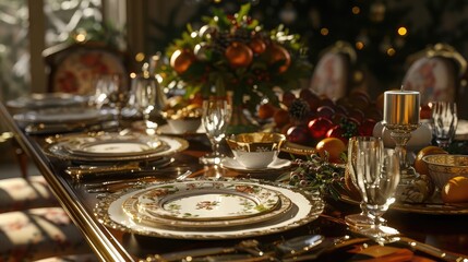 A festive table set with elegant china and sparkling silverware, awaiting the arrival of friends and family for a holiday feast. 8k, realistic, full ultra HD, high resolution, and cinematic - obrazy, fototapety, plakaty