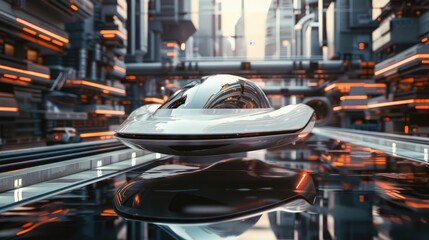 A futuristic vehicle gliding silently through a sleek urban landscape, its aerodynamic design and...