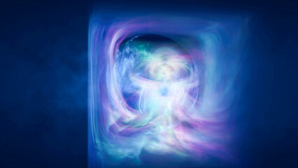 Multicolored energy magic circle sphere ball of futuristic waves and lines of smoke particles of liquid plasma energy and electricity. Abstract background