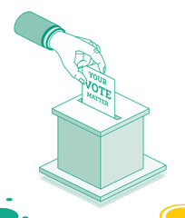 Voting Concept. Hand Puts Vote Bulletin into Vote Box. Isometric Election Concept with Ballot Box. The ballot has the message: Your vote matters.