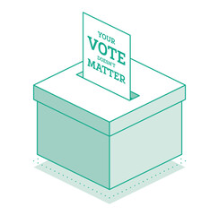 Isometric voter ballot inserted in ballot box. The ballot has the message: Your vote doesn't matters. Outline objects isolated on white background.