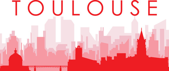 Obraz premium Red panoramic city skyline poster with reddish misty transparent background buildings of TOULOUSE, FRANCE