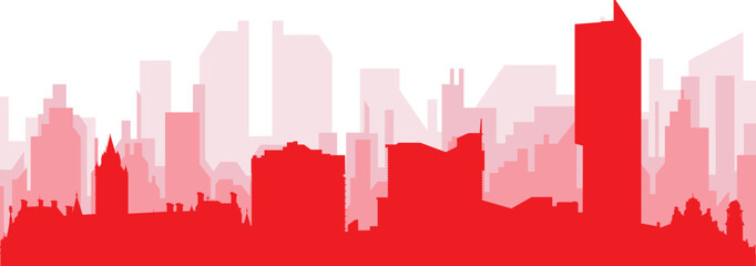 Obraz premium Red panoramic city skyline poster with reddish misty transparent background buildings of MANCHESTER, UNITED KINGDOM